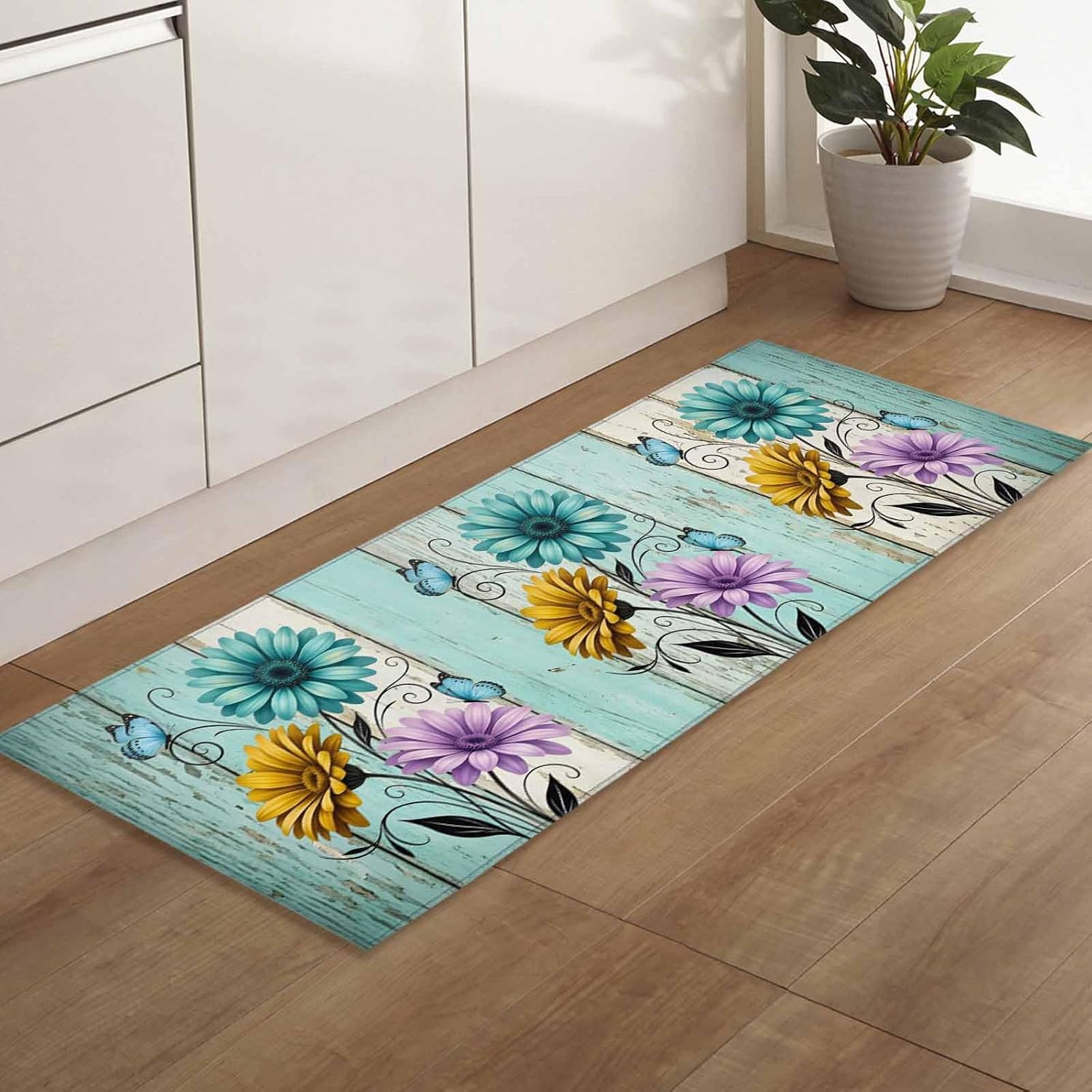 Teamery Kitchen Mats for Floor Spring Watercolor Blossom Flower Washable Non Slip Kitchen Rugs 1PCS, Daisy Butterfly on Wood Absorbent Standing Mats for Sink Bathroom Office Living Room 23.6x70.9in