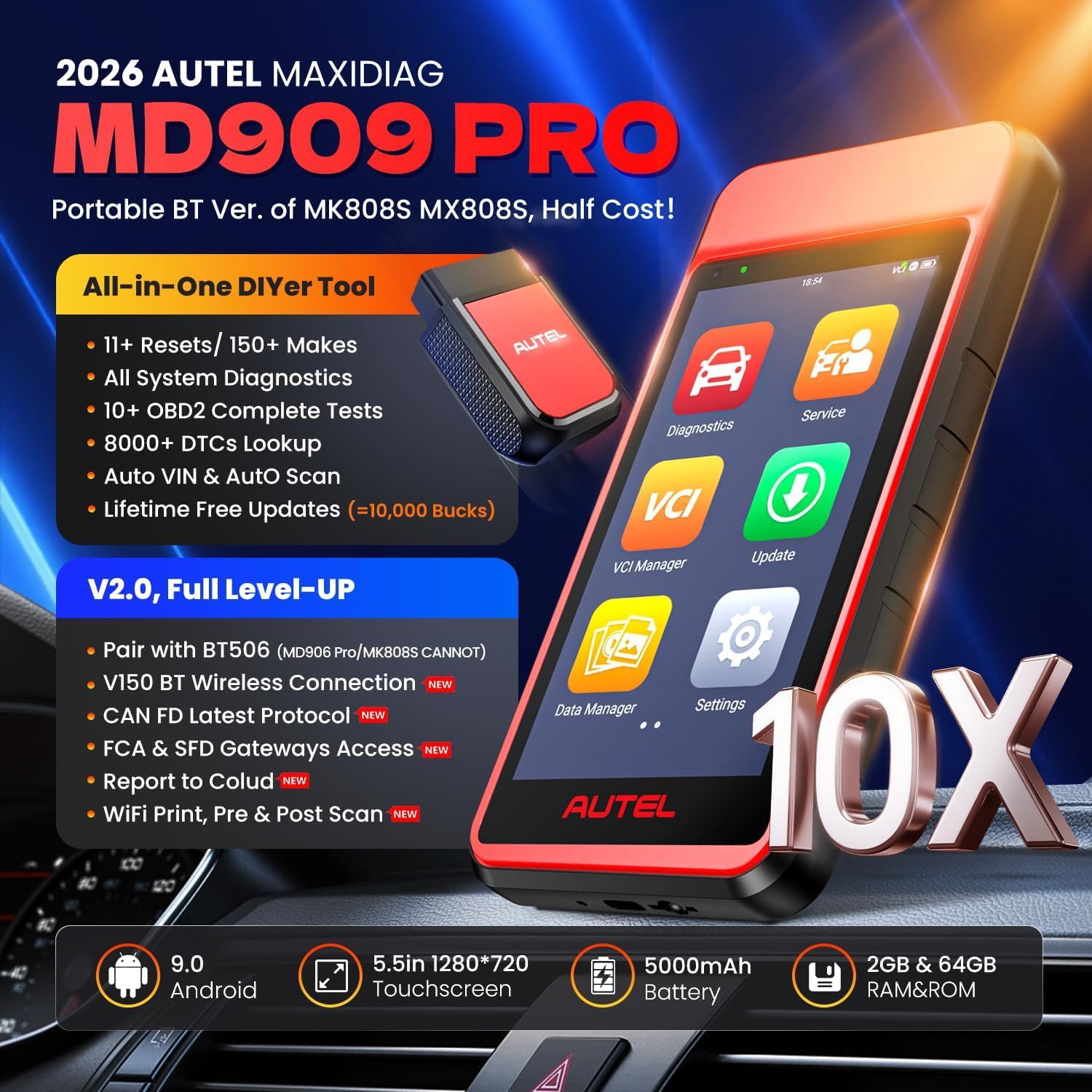 Autel OBD2 Scanner MaxiDiag MD909 PRO, 2026 MD909PRO Full Systems Diagnostic Scan Tool, 2.0 of MD906Pro MD808 Pro MD806, BT Lite of MK808S MX808S MX900 MK900, CAN FD, 11 Service, FCA, SFD, Free Update
