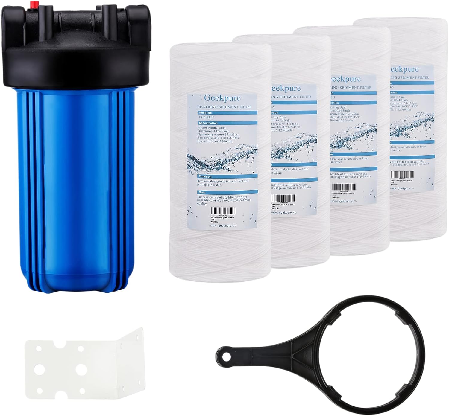 Geekpure 10-Inch Whole House Water Filter System with 4 String Wound PP Filters-4.5"x10"-1-Inch Port