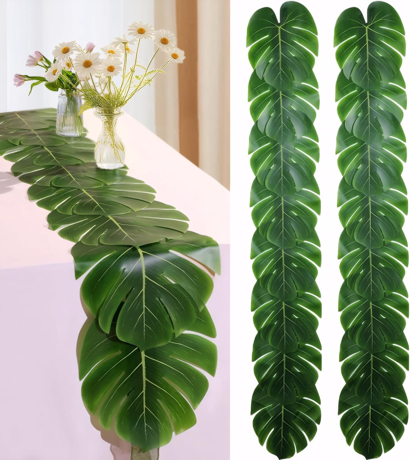 Artificial Palm Leaves Table Runners 72 Inch, Tropical Palm Leaves Table Runner Faux Leaf Table Cloth for Wedding Hawaiian Luau Theme Party Supply Summer Table Wall Decorations (6)