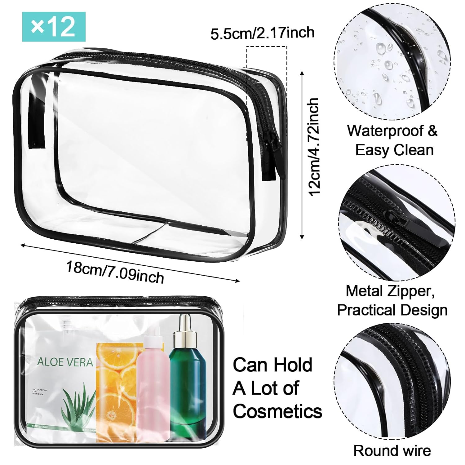 Sweetude 24 Pcs Clear Tote Bags with Makeup Bags, 16x13x5.5 Waterproof Transparent Tote Bags for Team Beach Travel Stadium(Black) - Image 3