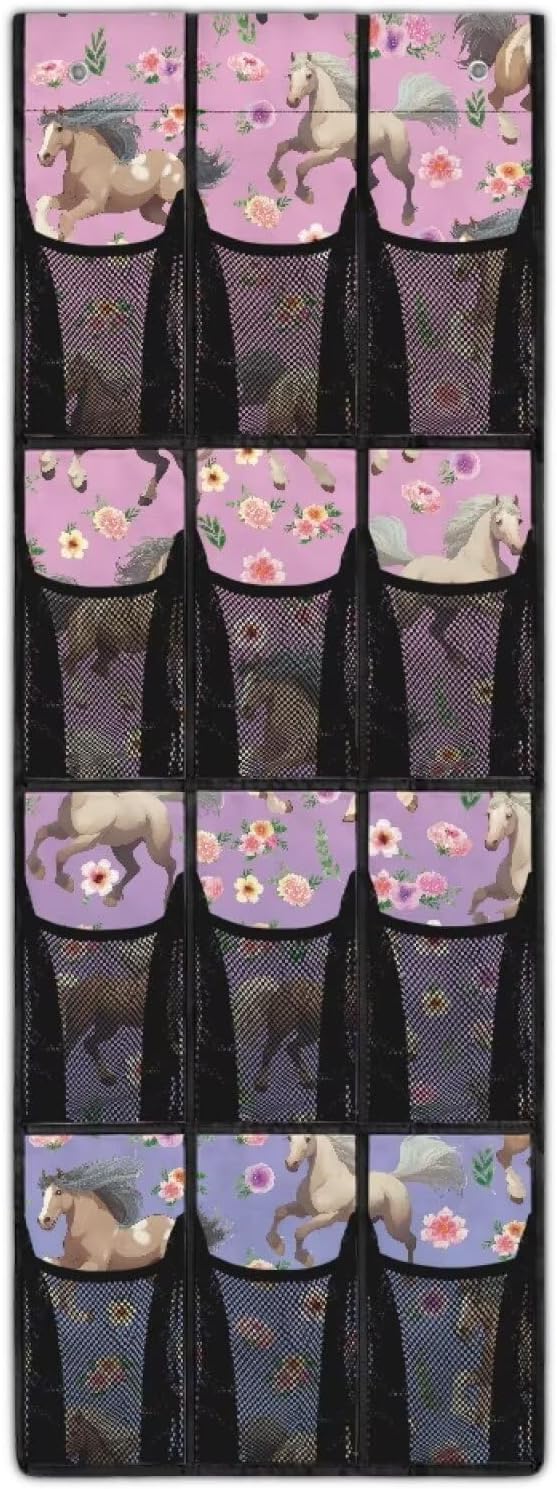 Flower Horse Over Door Organizer, 12 Compartment Breathable Mesh Hanging Shoe Rack, Waterproof Durable Door Hanger for Bedroom Closet & Dorm Room Storage