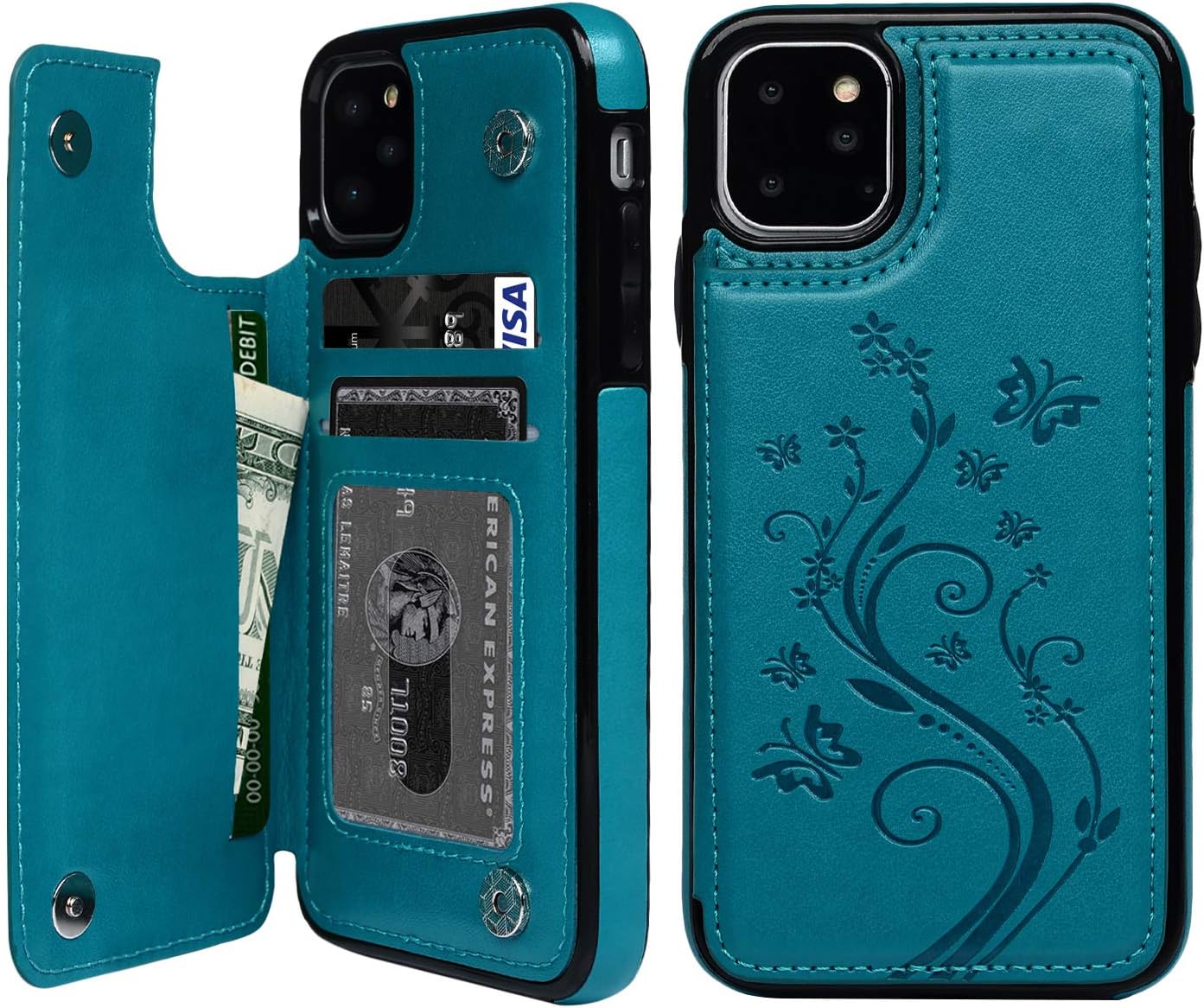 Compatible with iPhone 11 Pro Wallet Case, Case with Card Holder Embossed Butterfly Premium PU Leather Double Magnetic Buttons Flip Shockproof Protective Cover for iPhone 11 Pro 5.8 inch, Blue