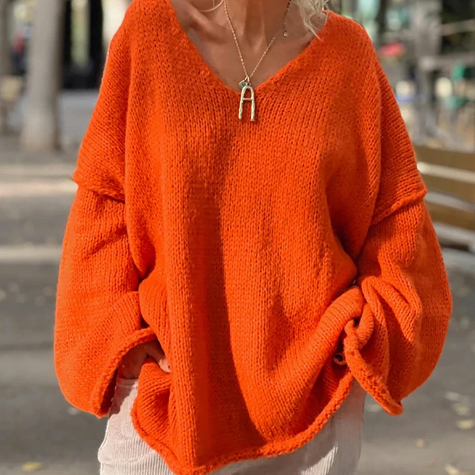 Ropa Mujer Suéteres De Tejido De Invierno De Otoño Mujeres Patchwork V Neck Simple Simple Simple Long Raglan Manga Damas Tops-02 Naranja-Metro
