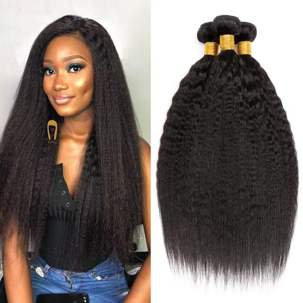 Kinky Yaki Straight Bundles Human Hair 10 12 14 Pouce 3 Bundles Tissage Cheveux Naturels Yaki Human Hair Bundles For Women 10A Grade Tissage Cheveux Naturels Brésilien Kinky Straight