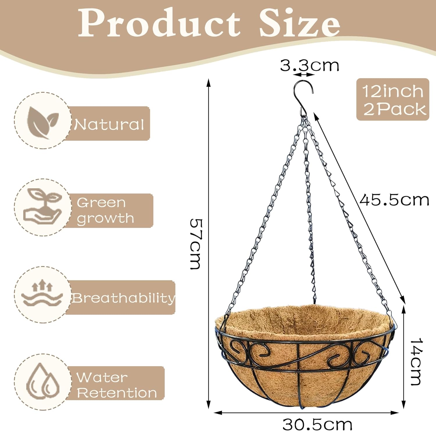 EIMQUVW Outdoor Metal Hanging Planters Basket (2pack, 12 inch) Hanging Baskets for Plants Chain Round Wire Plant Holder with Coco Fiber Liners for Garden, Patio, Deck, Porch(Flower Border)