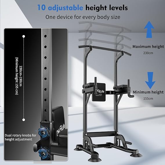 DH FitLife Power Tower Dip Station | Pull Up Bar with Backrest & Dip Bars