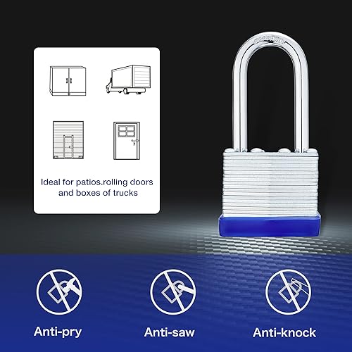 Miniatura 3 de Lock Candados para exteriores, candado laminado con llave, 1-916 pulgadas de cuerpo ancho, juego de candados con llaves, grillete largo (paquete de