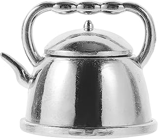 Retro Office Decor Dollhouse Tea Kettle 1:12 Scale Miniature Tea Pot Mini Metal Water Kettle Simulated Water Boiler Pretend Props for Dollhouse Kitchen Ornament (Silver) Home Decor