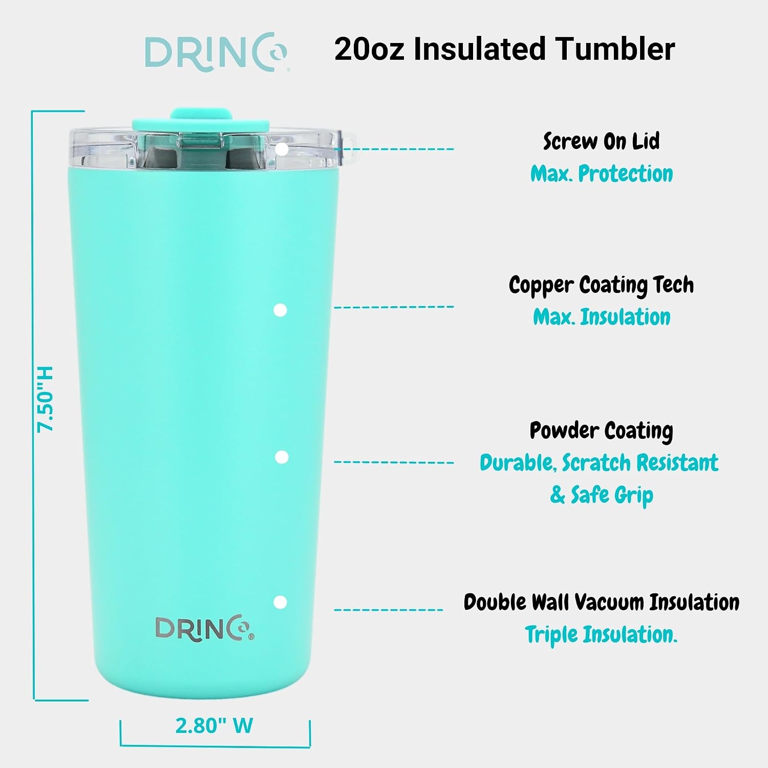 Drinco - 20 oz Stainless Steel Tumbler | Double Walled Vacuum Insulated Mug With Lid, 2 Straws, For Hot & Cold Drinks (20oz, 20oz Teal), 1 Count (Pack of 1) image 5