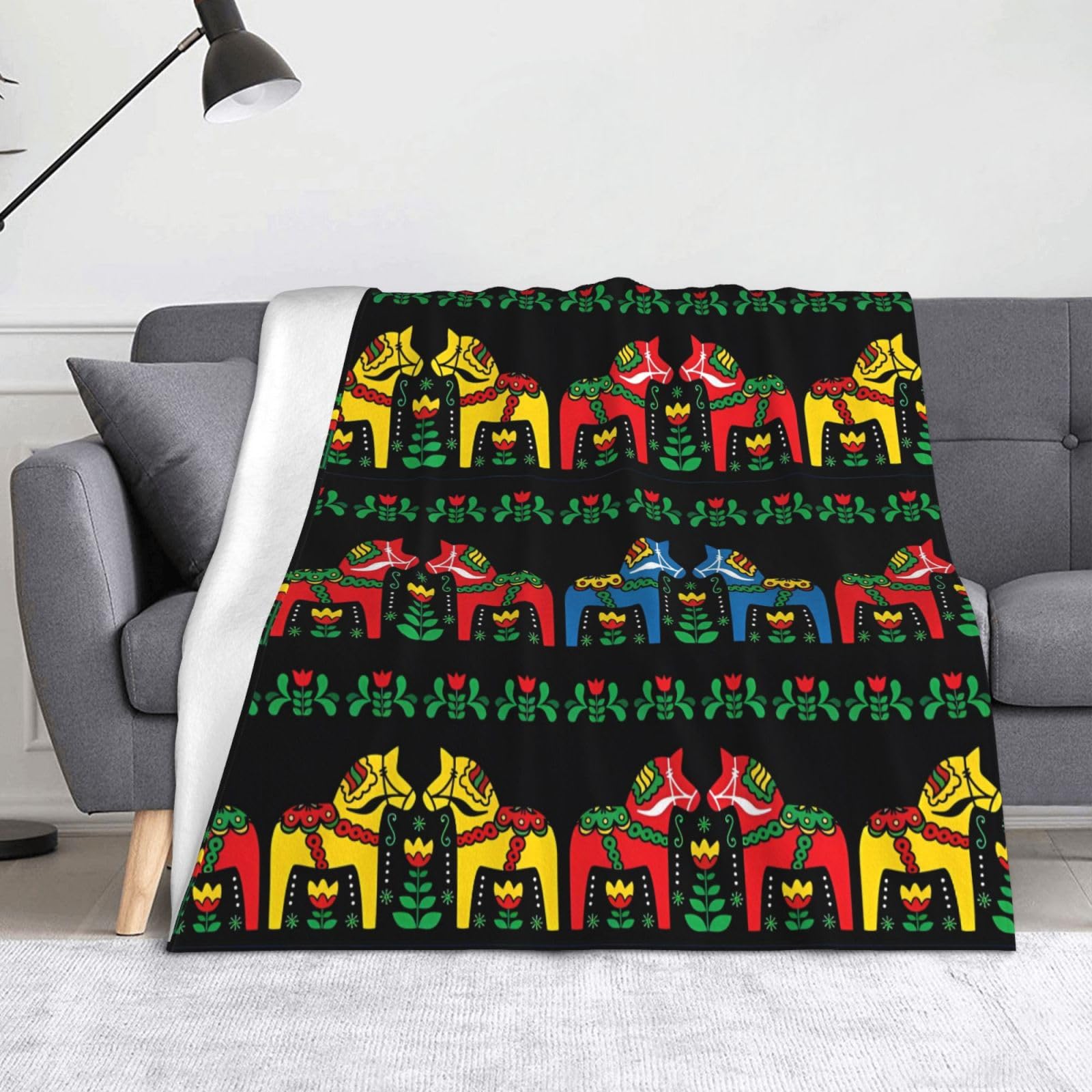 Couverture pliable Dala Horse BROLEO tapis et jeté de lit imprimé folk