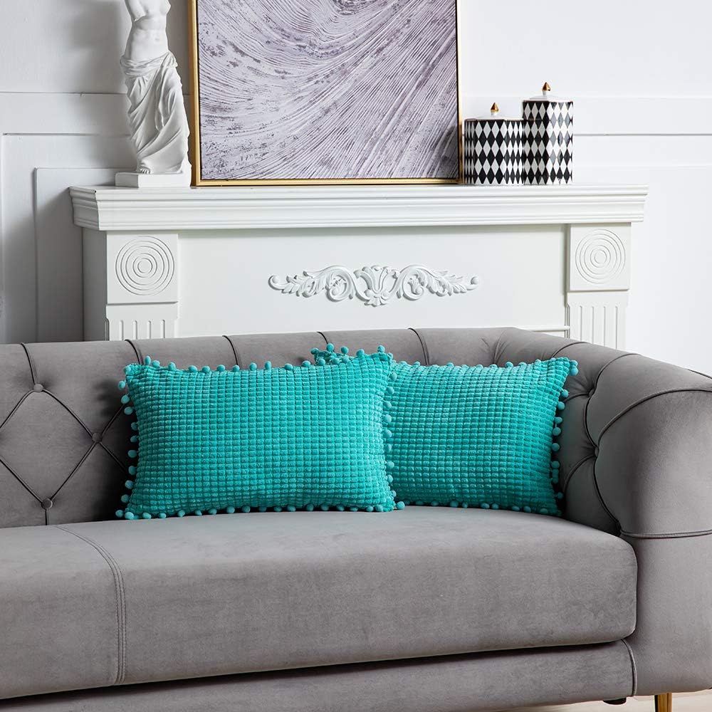 DEZENE 12x20 Inch Decorative Throw Pillow Covers - 2 Pack Soft Corduroy Corn Striped Pom-poms Corduroy Corn Striped Square Pillow Cases for Bedroom Sofa Couch Living Room, Turquoise