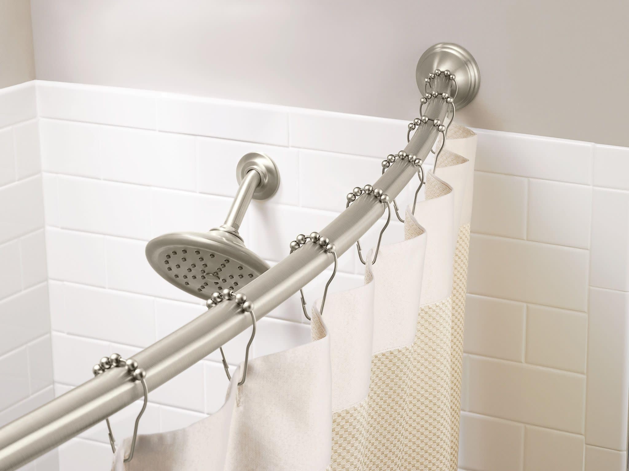 moen curved adjustable length fixed mount single shower curtain rod for bathroom, brushed nickel finish, csr2160bn