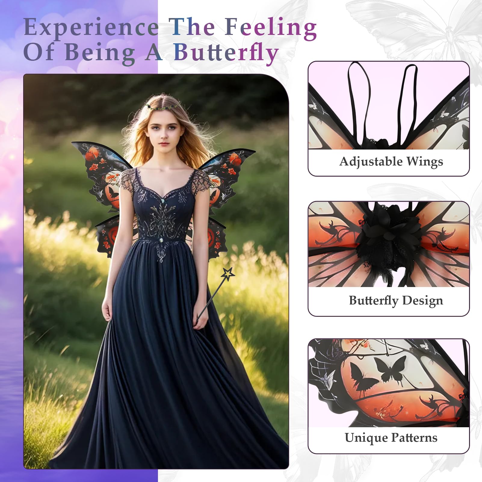 Snylcce Fairy Wings for Adults Fairy Costume Set including Floral Garland, Hair Tinsel, Wand & Elf Ears Butterfly Wings - Image 4