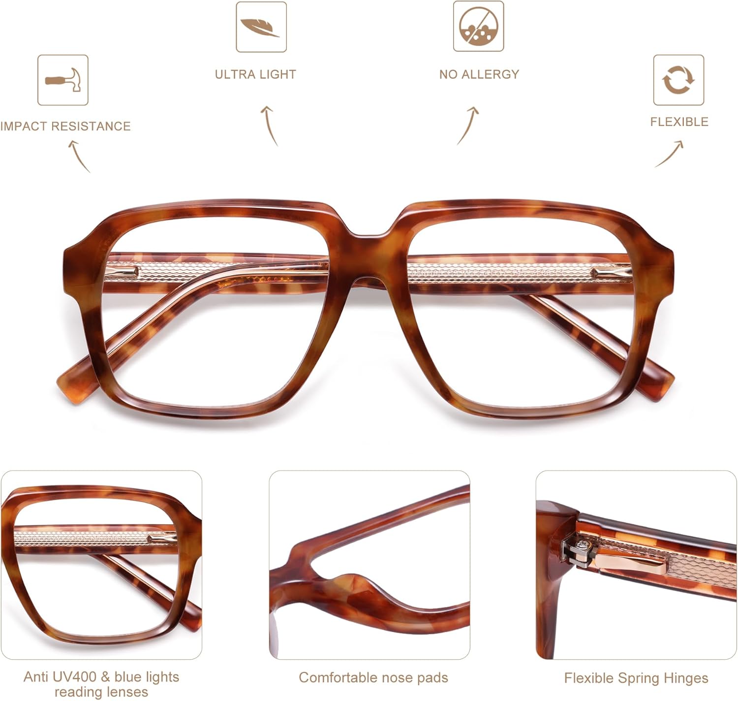 AMOMOMA Oversized Square Reading Glasses for Women,Men,Men Blue Light Blocking Computer Readers Spring hinge AM6185 - Image 4