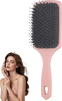 Boar Bristle Hair Brush, Square Paddle Detangler Brush   100% Natural Bristles for Scalp Massage, Shine, Blow Drying, Gentle on Wet/Dry Hair, Reduces FrizzPink