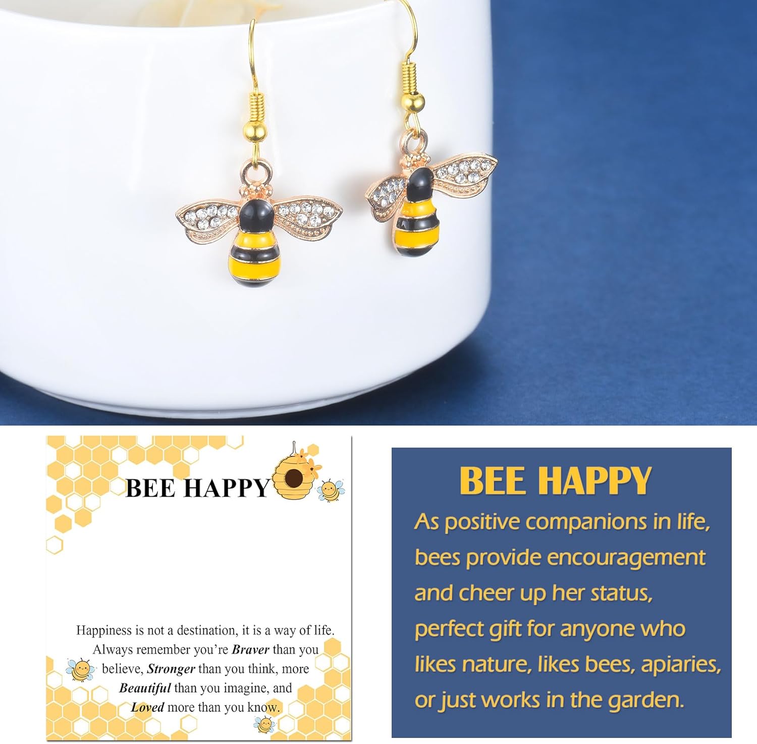 Bee Gifts for Women - Bee Drop Earrings with Encouragement Message Card, Gold Plated Dangle Jewelry Bumblebee Gifts for Best Friend Sister Girlfriend Daughter Granddaughter Christmas Birthday - Image 6