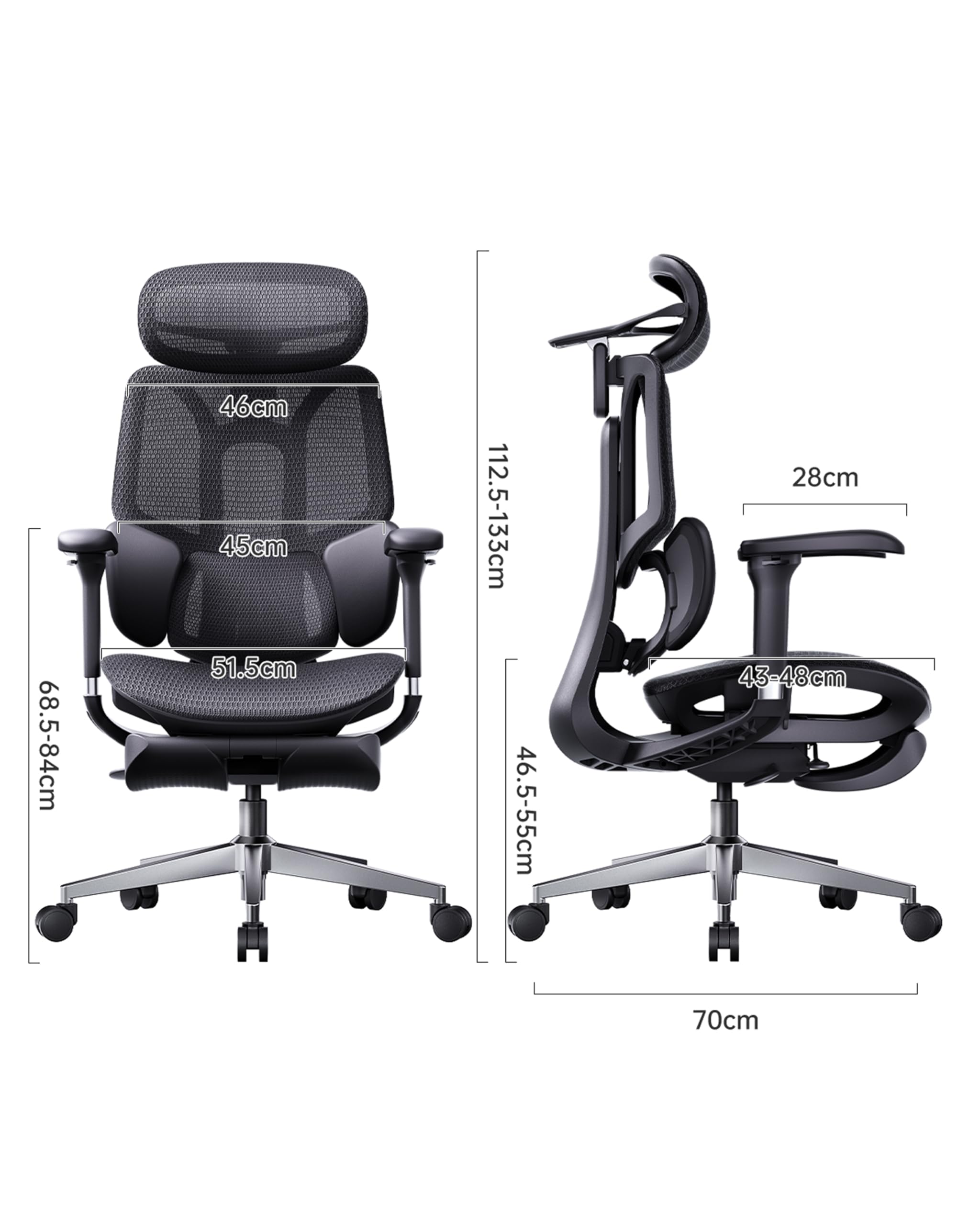 Hbada E3 Air Edycja 2026 Ergonomiczne Krzesło Biurowe, 3-strefowe Wsparcie Lędźwiowe, Wygodny Fotel, Automatyczne Dopasowanie do Wagi, Zagłówek i Podłokietniki 4D, Nachylenie 140°, Czarne, Podnóżek