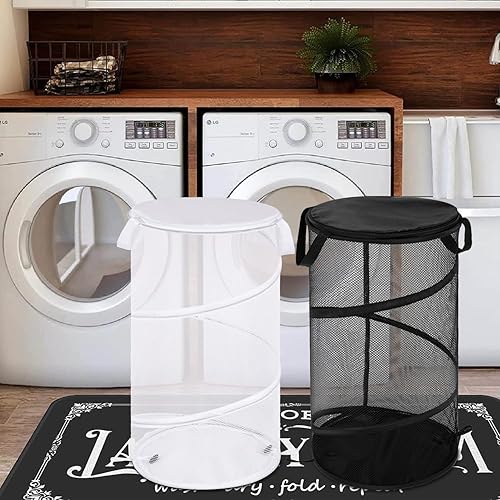 Miniatura 7 de BATTOO Paquete de 2 cestas plegables grandes para la ropa sucia con tapa, cesta plegable de malla desplegable con asas para lavandería, baño,