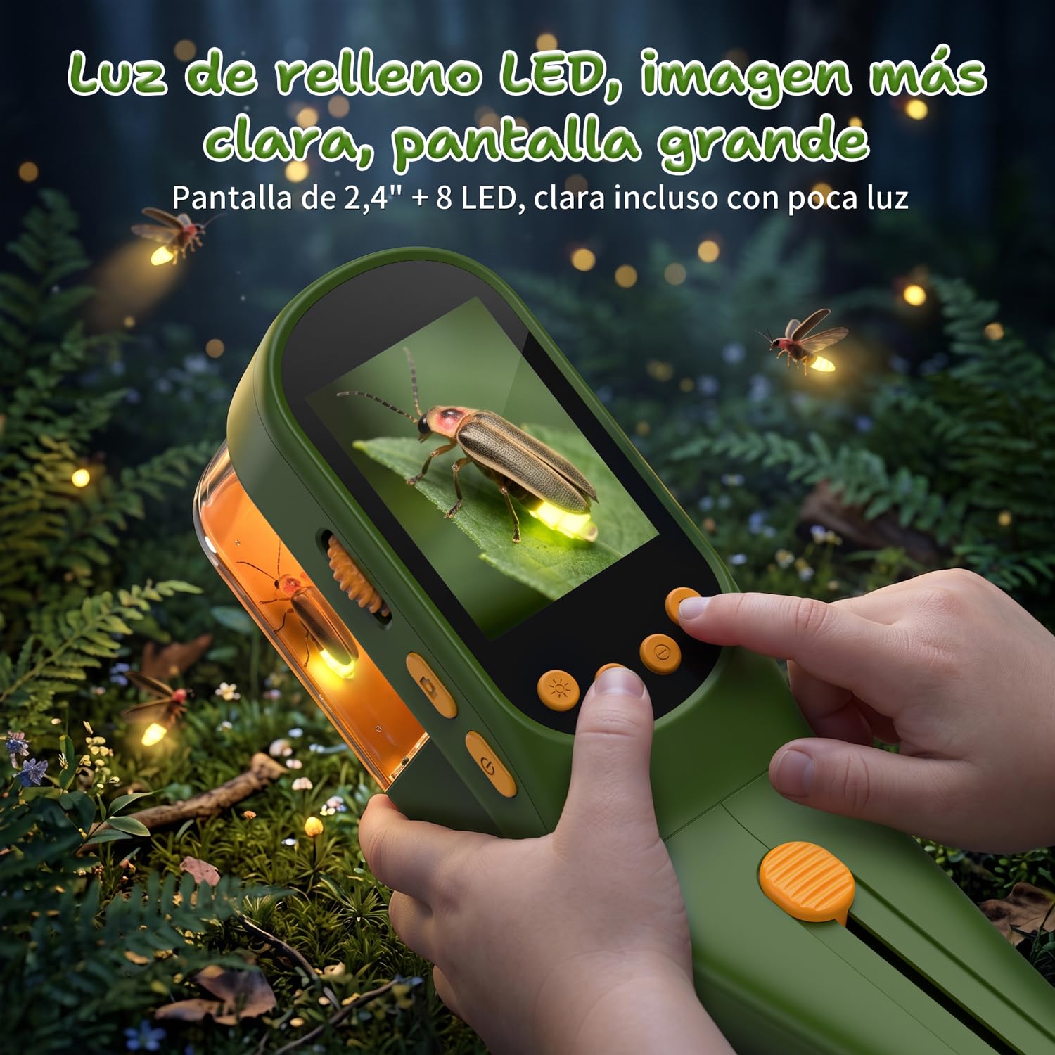 Atrapa Insectos Niños 3 en 1, Microscopio 500X IPS 2,4" 1080P | 4 niveles de brillo, batería de 1000 mAh, foto y vídeo, juguete de investigación al aire libre, regalo para niños a partir de