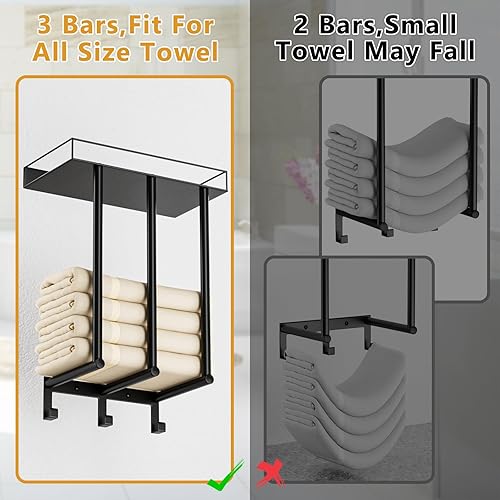 Miniatura 3 de OVICAR Toalleros para baño  Toallero montado en la pared con estante de metal y 3 ganchos, toallero de pared para baño pequeño, almacenamiento de