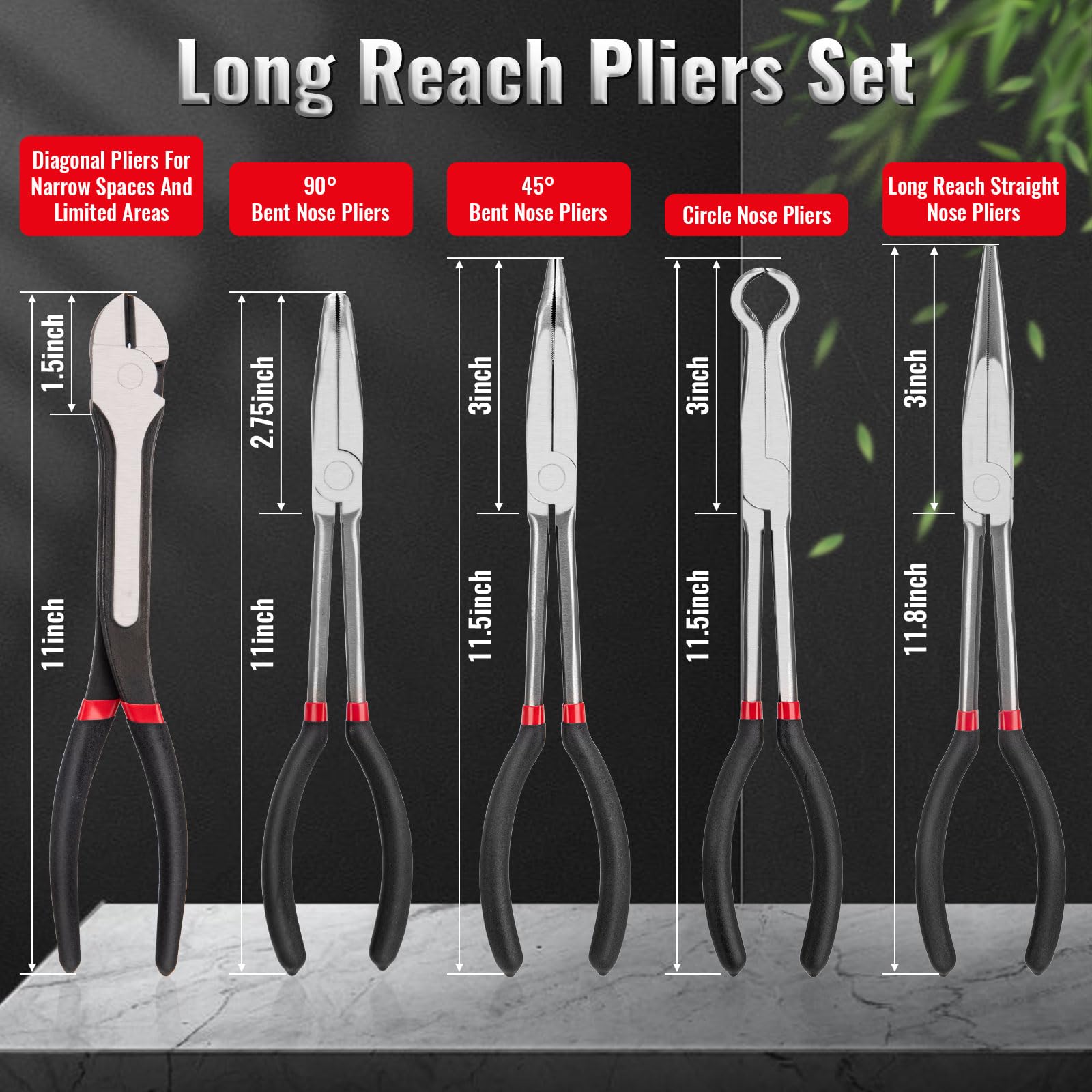 Set di pinze di precisione extra lunghe da 28 cm, 5 pezzi, dritte/piegate a 45°/90°, cerchi/diagonali, set di pinze a becco lungo con manici antiscivolo, ideali per spazi ristretti, piegatura di fili