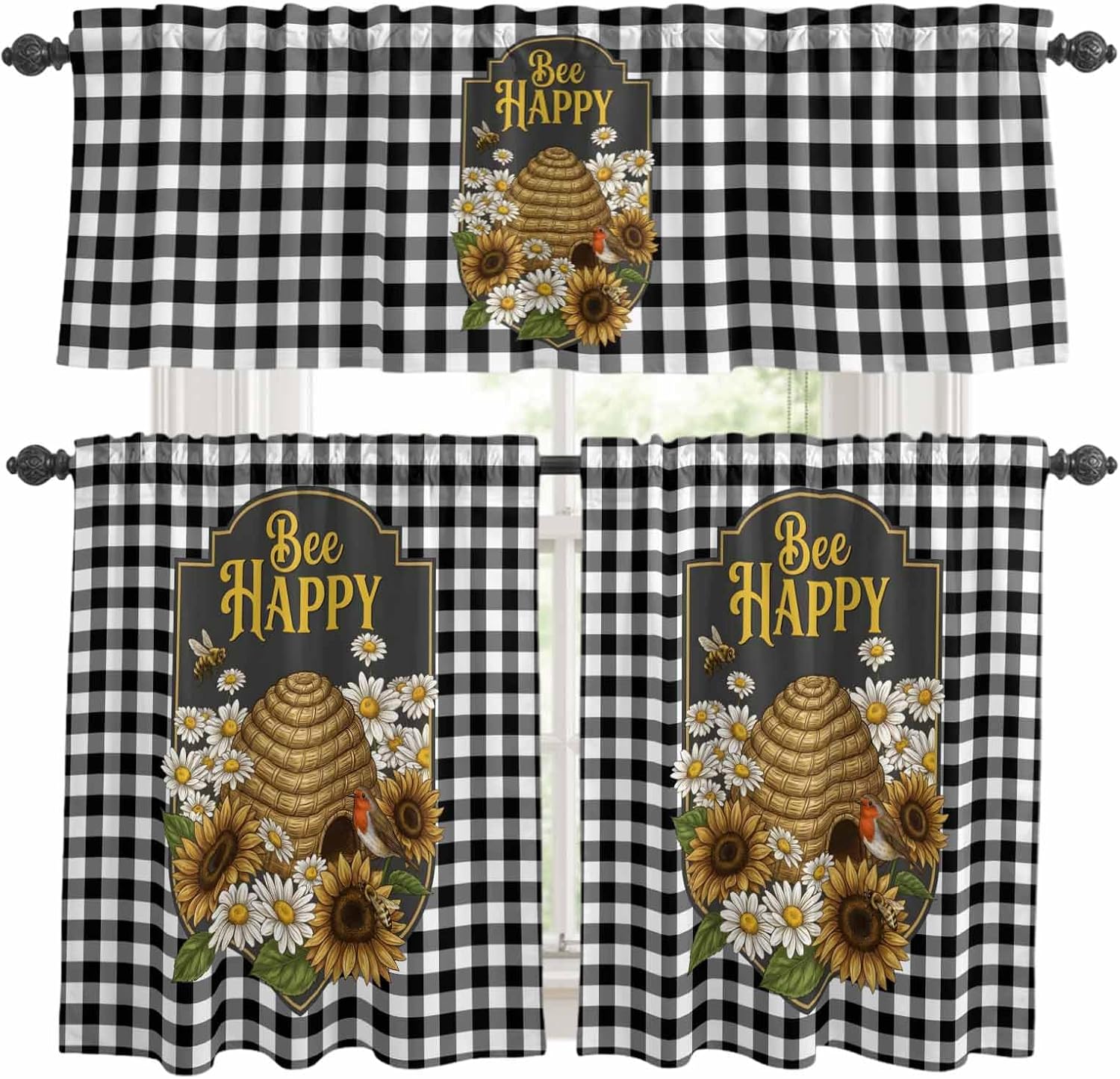 Happy Bee Kitchen Curtains and Valance Set, Farmhouse Window Curtain Valance 54''x18'', Summer Daisy Bird Buffalo Plaid Small Short Half Tier Curtains for Bathroom Cafe 27.5x36Inch x2 Panels