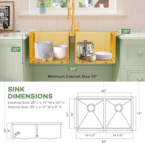 Vista 163 de LQS Fregadero de cocina dorado de 31 pulgadas, fregadero de cocina de acero inoxidable 50/50 de 31 x 18 pulgadas, fregadero de cocina de acero