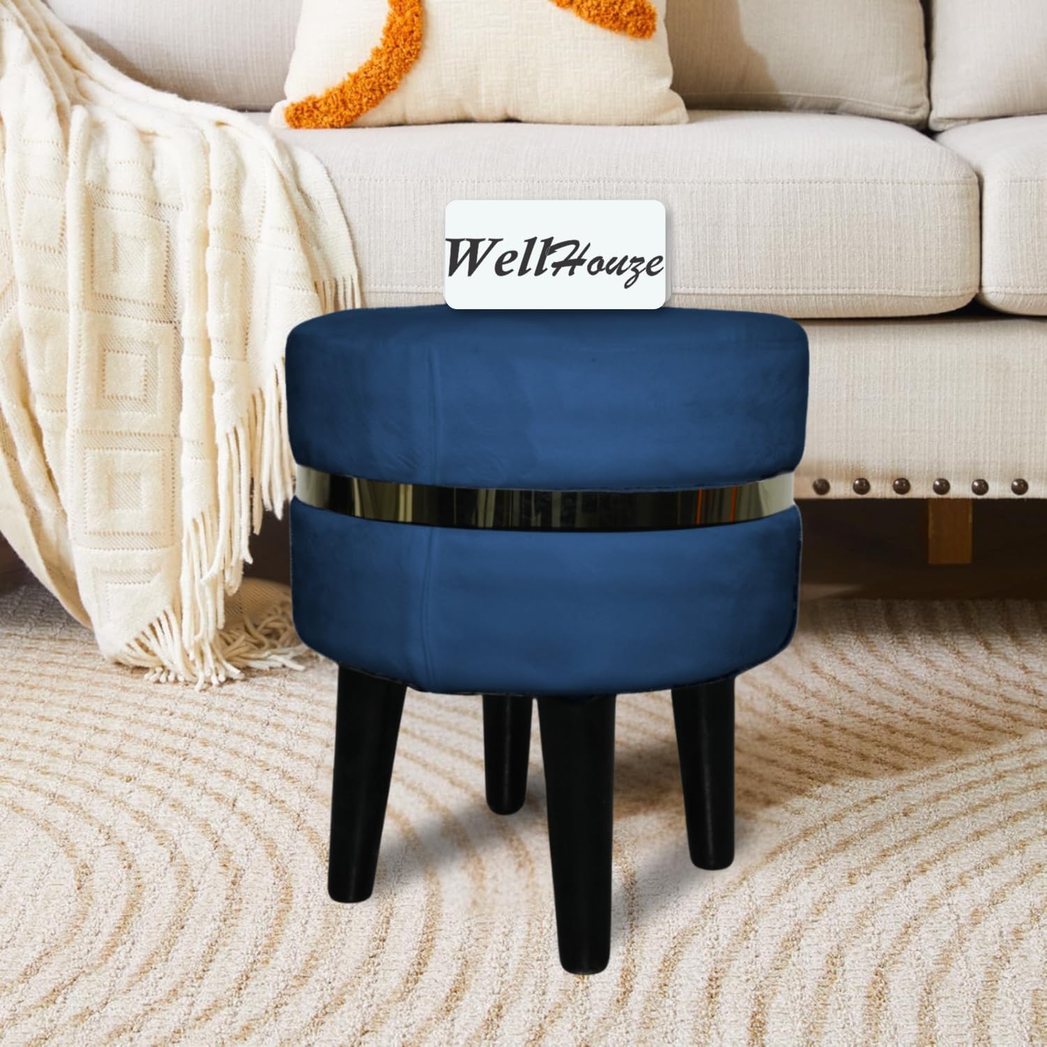 WellHouze Small Round Seating Stool Velvet Padded Seat Footstool Pouf Ottoman with Anti-Slip Wooden Legs Footrest Stepstool for Living Room Bedroom Hallway Entryway Blue-image-13
