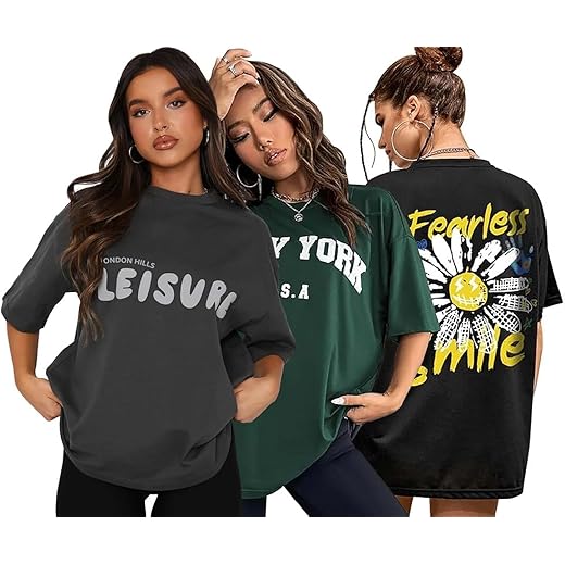London Hills Women's Cotton Oversized Fit Printed Round Neck Oversized T-Shirt | Loose Fit Drop Shoulder T-Shirt Pack of 3
