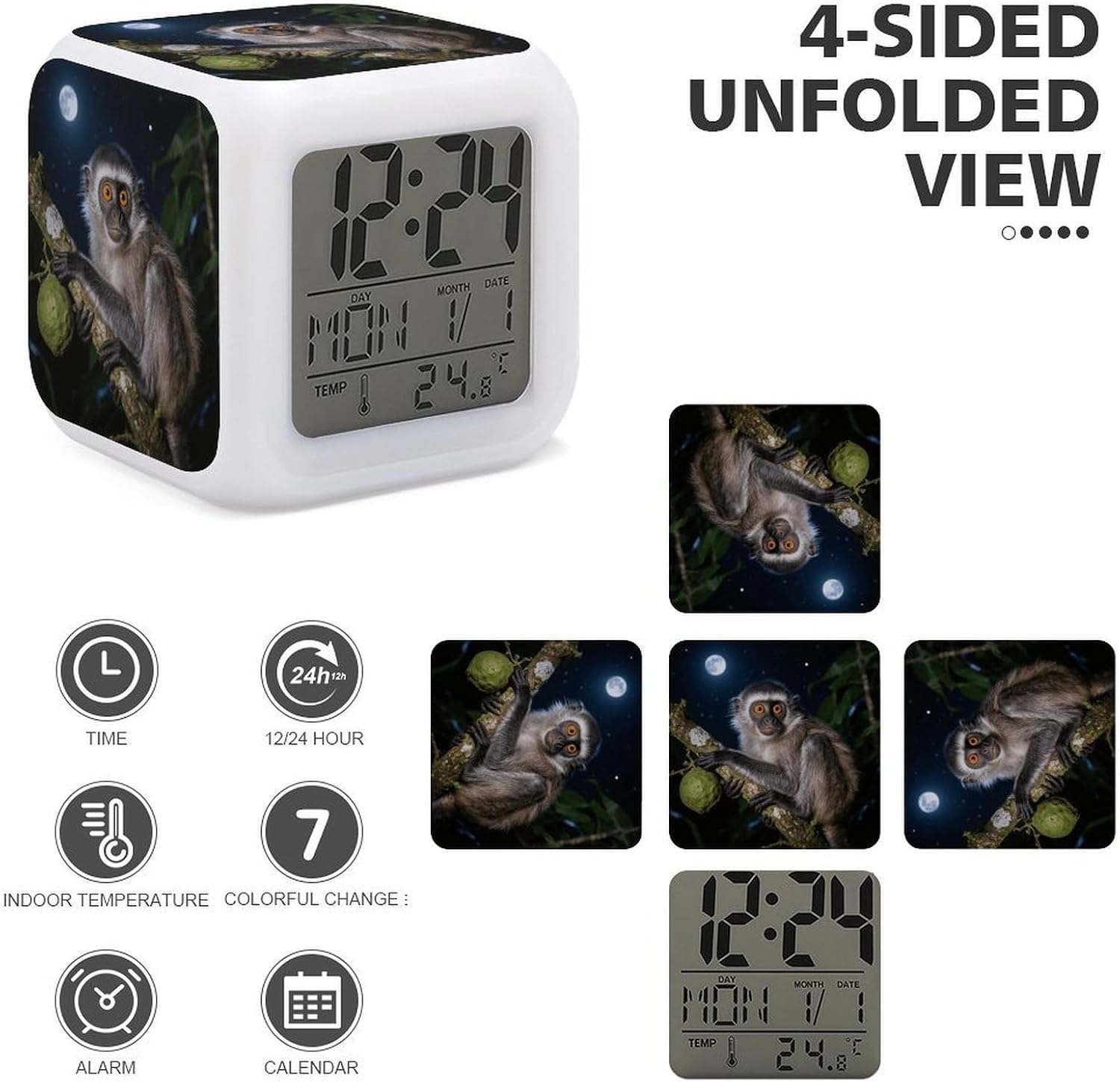 Peruvian Night Monkey Alarm Clock NightLight Alarm Clock with 7 Color Changing Night Light Smart Digital Clocks Temperature Date for Heavy Sleepers Simple Operation Easy to Use image 4