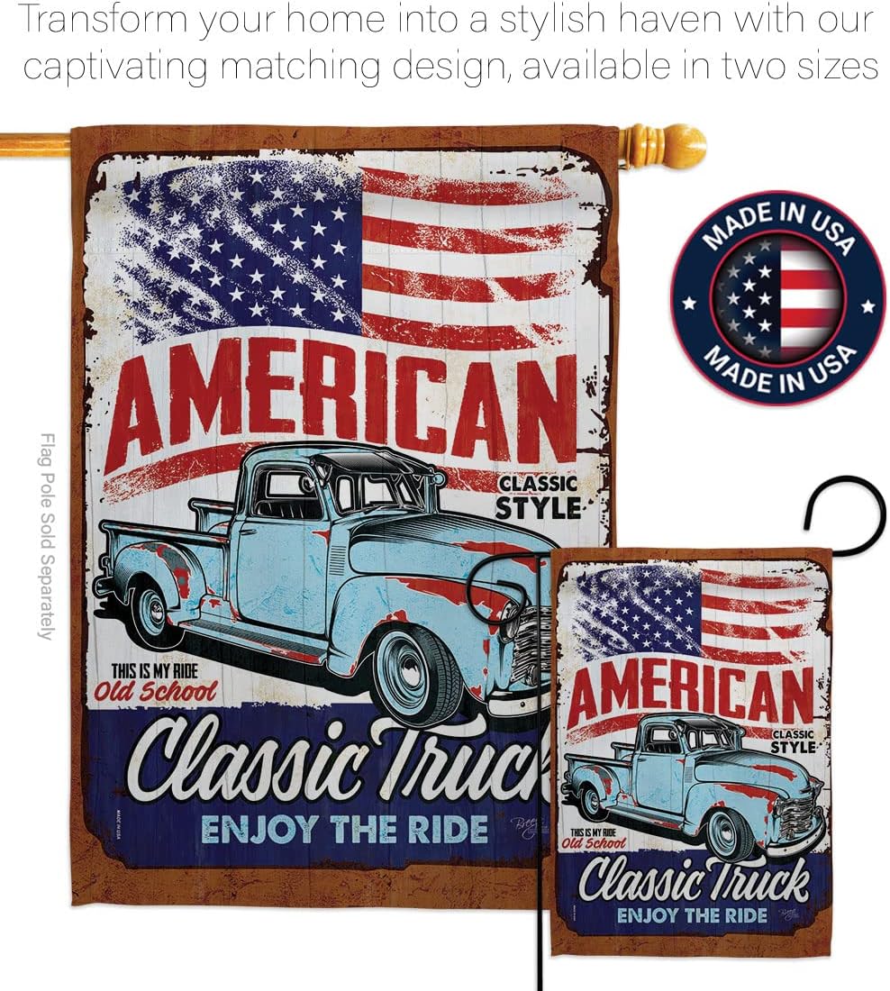 Breeze Decor Classic Truck Garden Flag Interests Vehicle Retro Car Motorcycle Scooter Vintage Hobbies Leisure House Decoration Banner Small Yard Gift Double-Sided, Made in USA