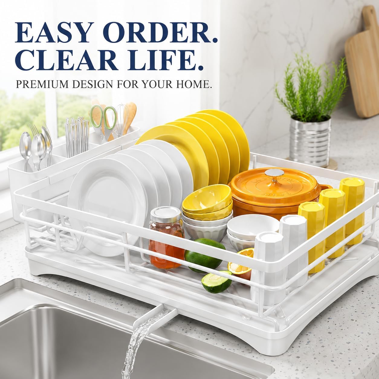 Dish Drying Rack with Drainboard, Premium Rustproof Stainless Steel Dish Drainer for Kitchen Counter, High Capacity Kitchen Organizer with Utensil Holder, Heavy Duty