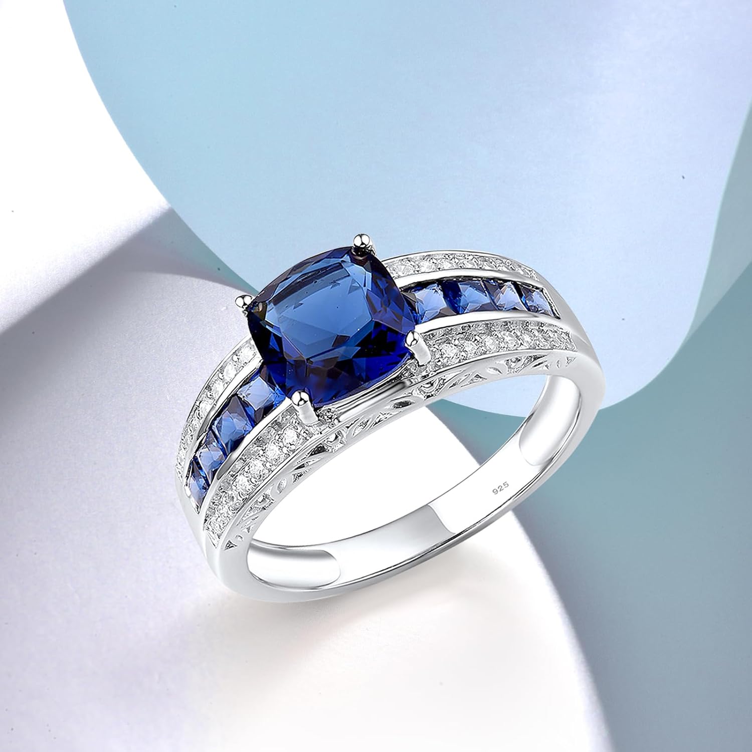 Santuzza 925 Sterling Silver Blue Square Solitaire Ring Blue Glass Blue Nano Cubic Zirconia Ring for Women