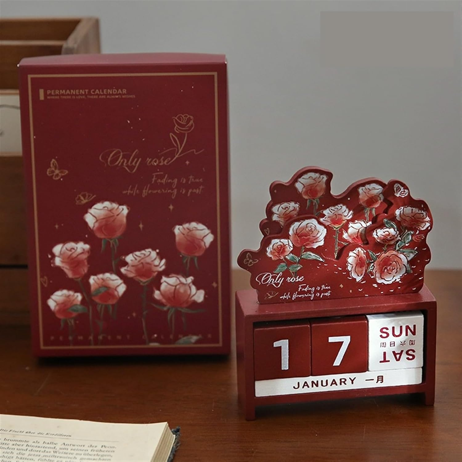YLWX Rose Wooden Perpetual Calendar Block Calendar