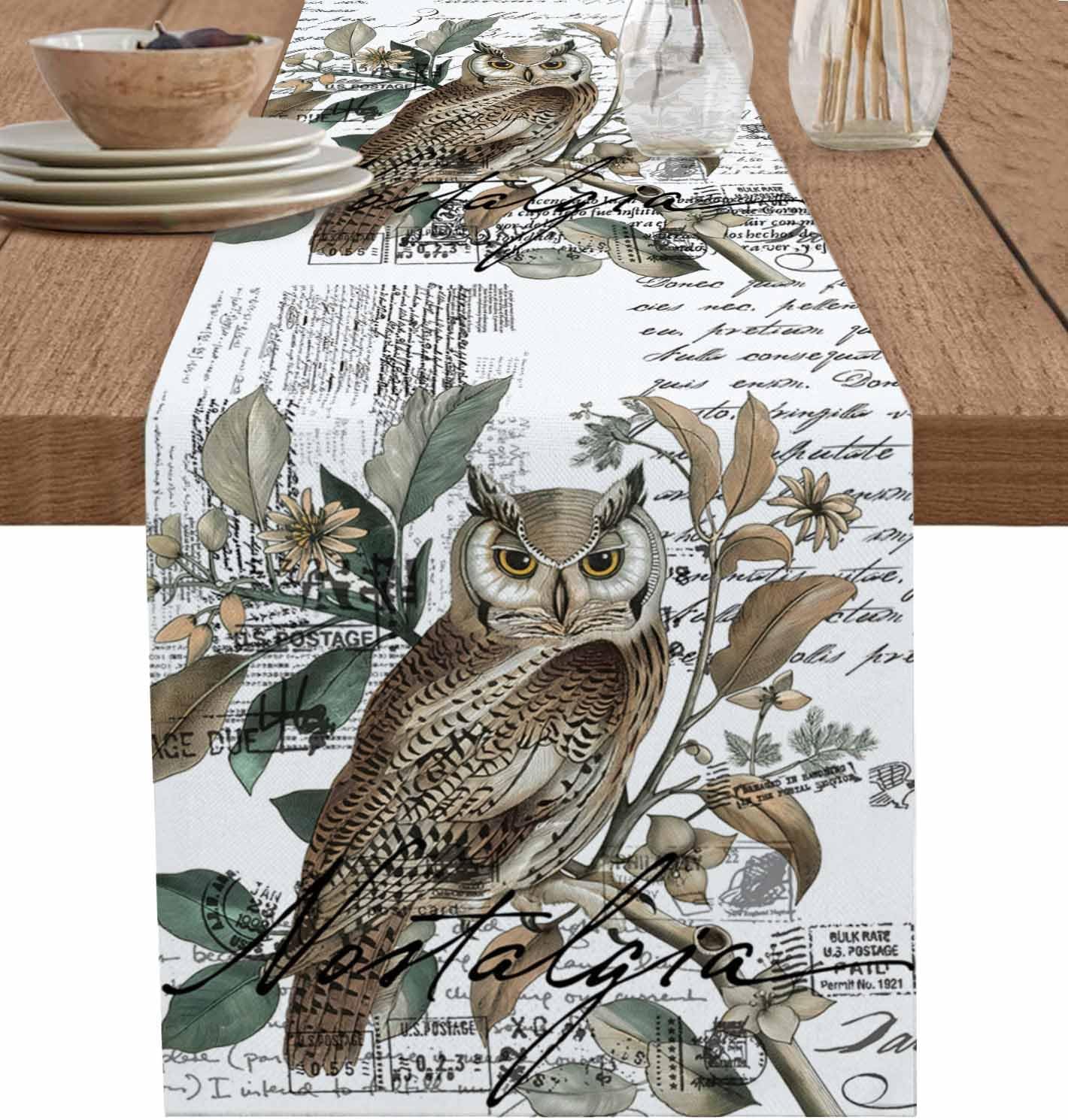 Farmhouse Owl Cotton Linen Rectangle Table Runners 13"x120", Country Envelope Postmark Botancial Coffee Table Runner Dresser Scarves Luxury Table Runners for Wedding Party Banquet Dinner