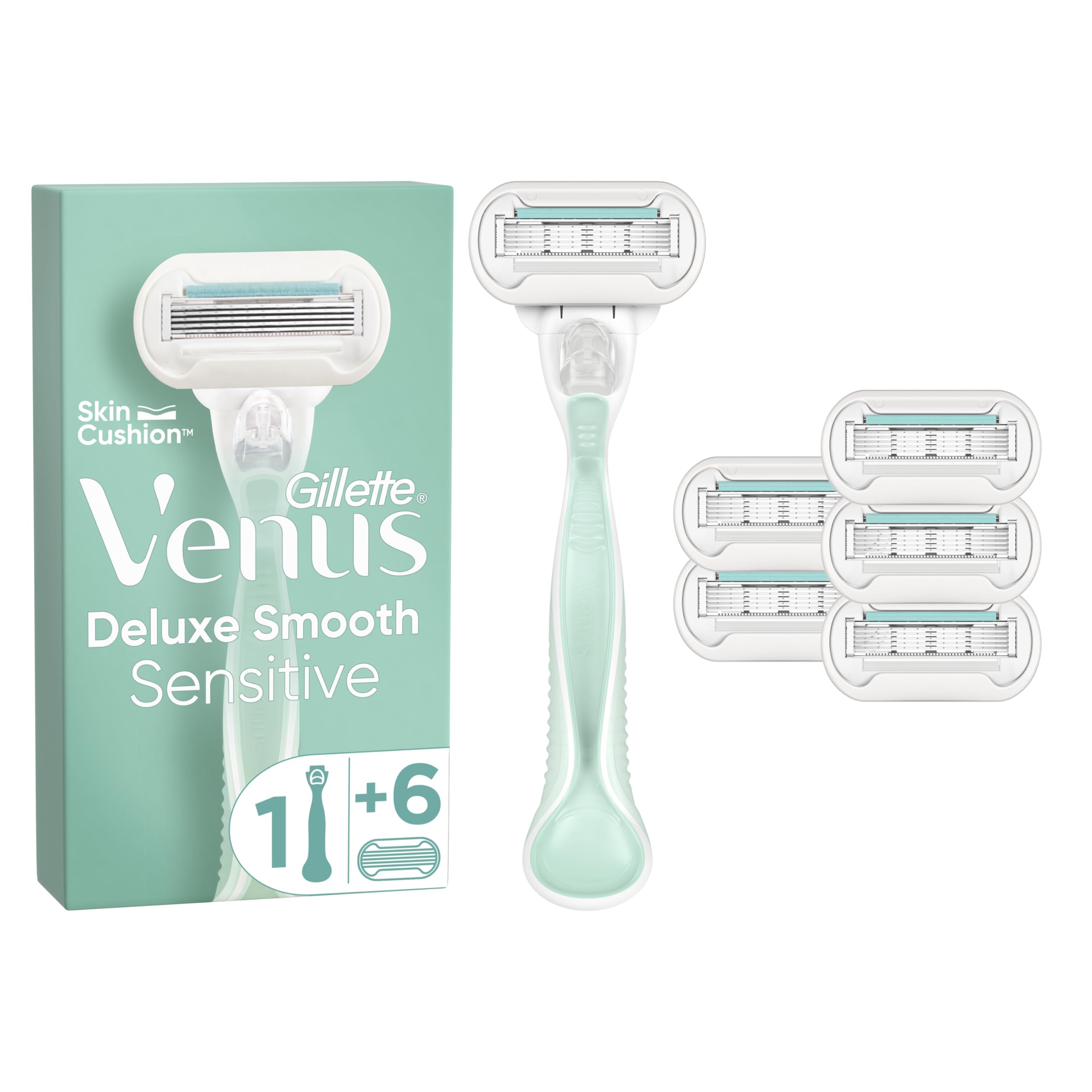 Deluxe Smooth Sensitive Women's Razor Handle + 6 Blade Refills, For Sensitive Skin