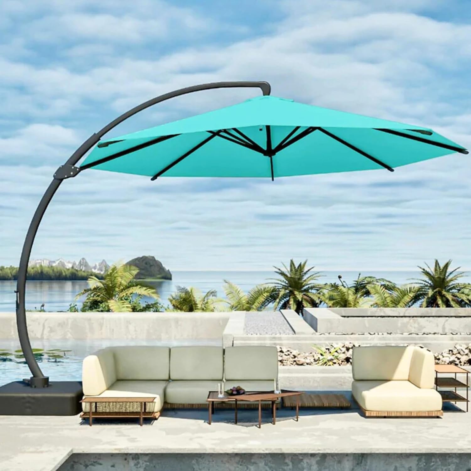 11FT Cantilever Umbrella with Base - Heavy Duty 360° Rotating Offset Sun Shade for Pool/Deck, Sand-Weighted Stand, UV Protection & Wind-Resistant Aluminum Frame