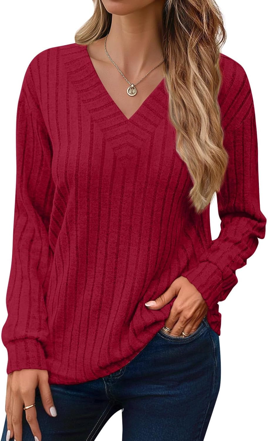 JUSTFASHIONNOW Long Sleeve V Neck Shirts for Women Fall Tops Lightweight Sweaters Dressy Casual Tunic Tops 2025 Outfits - Image 4