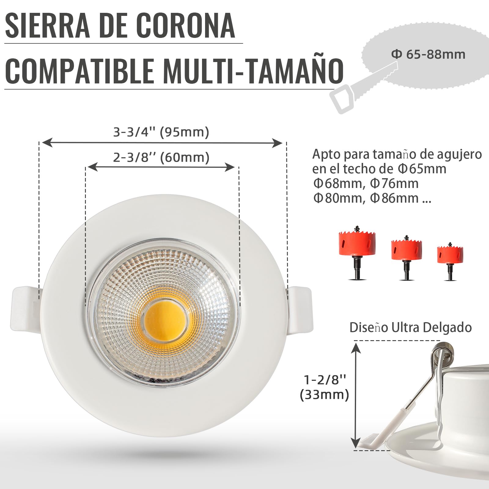 6X Luces Empotradas LED de Techo Regulables 10W Ultra Delgadas para Dormitorio, Sala de Estar, Cocina - Blanco Cálido 3000K, Recorte Ø65-85mm, Diseño Redondo Blanco Mate