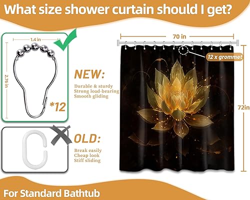 Miniatura 5 de Cortina de ducha negra y dorada con flores de loto amarillo dorado para juegos de decoración de baño, tela impermeable con ganchos, 70 x 72 pulgadas
