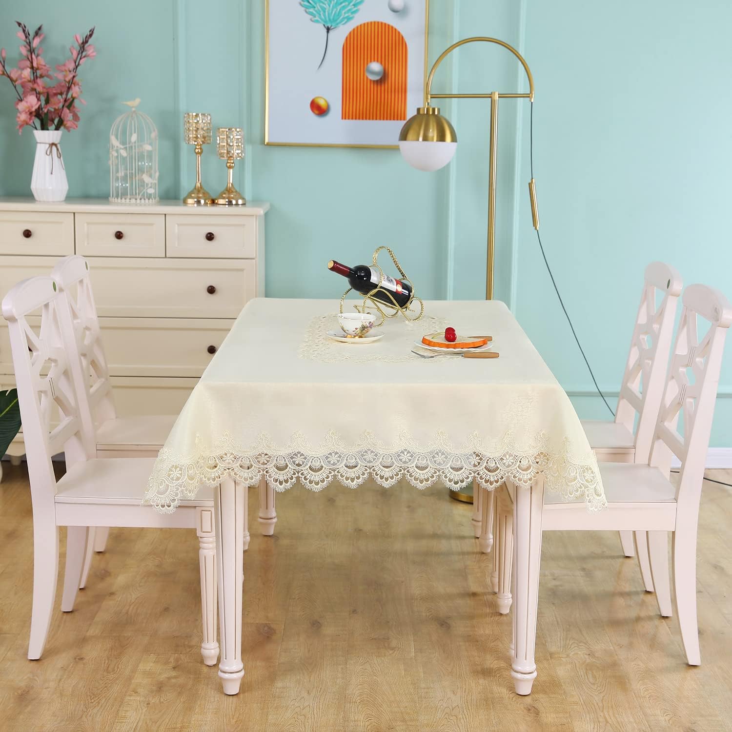 Lace Tablecloth Rectangular Summer Fall Flower Decor Macrame Tablecloth for Dining-Room|Kitchen Party|Outdoor|Holiday Dinner (Beige, Rectangle/Oblong 60 in x 104 in)