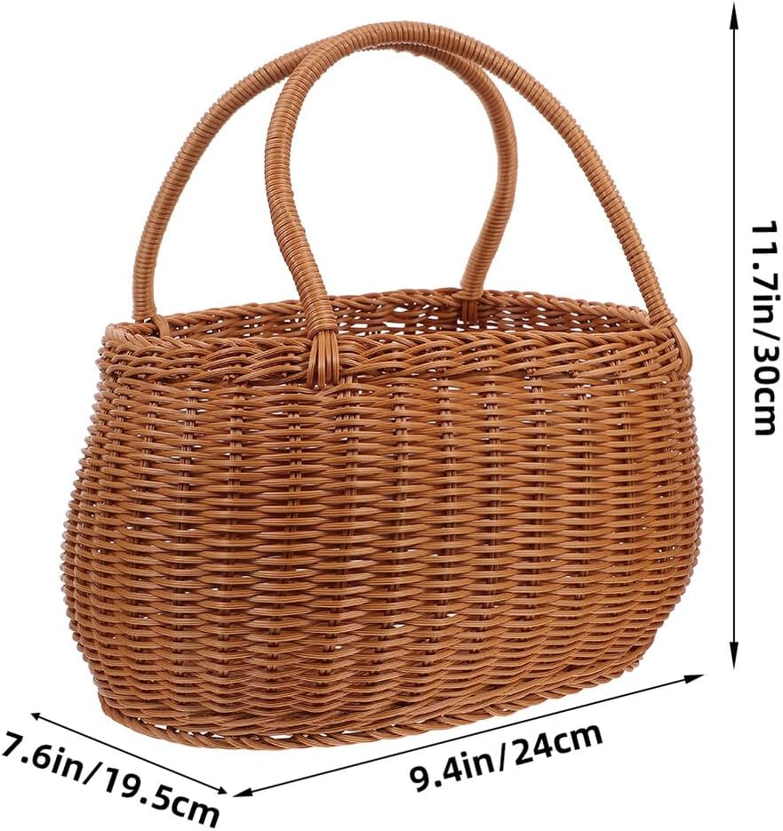 Toddmomy Woven Picnic Basket with Handle Large Oval Rattan-Style Storage Basket 30x24x20cm Portable Fruit Vegetable Holder for Outdoor Kitchen and Home Use
