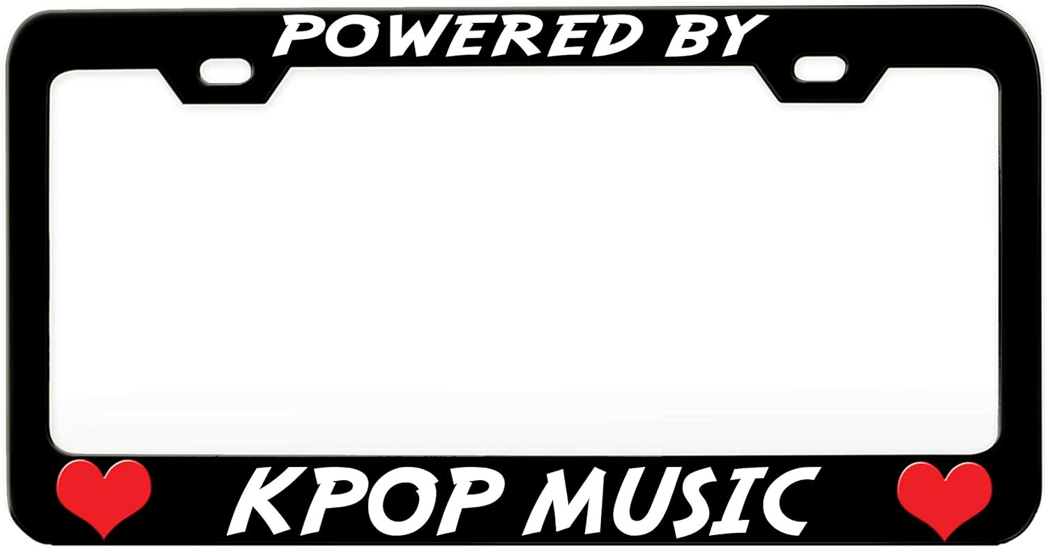 Powered by Kpop Music Black Steel Metal License Plate Frame Auto Car SUV Tag Holder, Z50