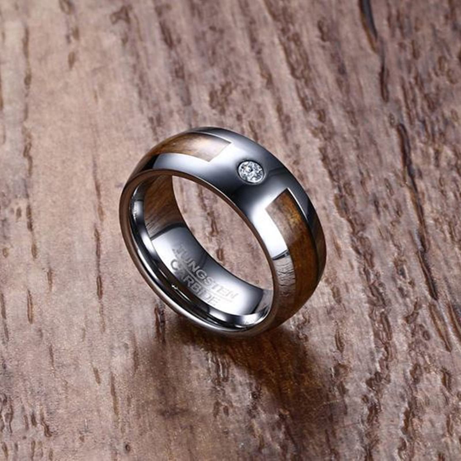 Gualiy Anelli Tungsteno Uomo, Anelli Punk Rock Anello in Argento 8mm Intarsiato in Legno Anelli Taglia 15 a 27