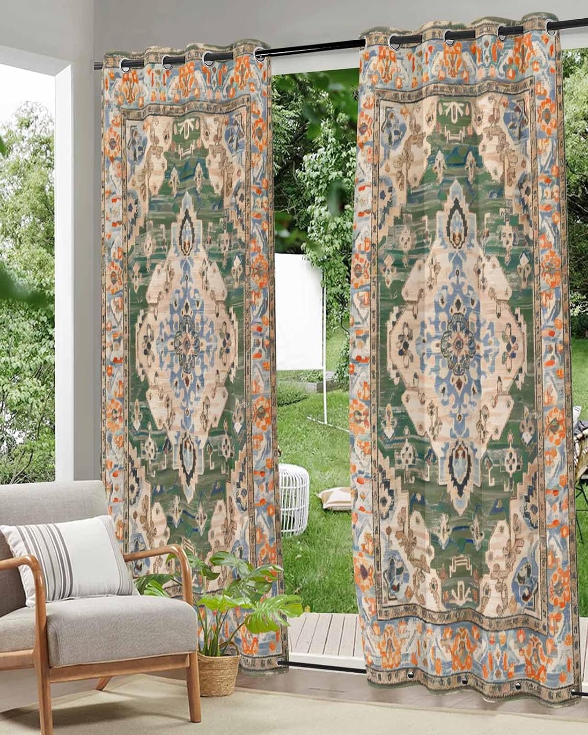 Boho Outdoor Curtains for Patio Waterproof, Ethnic Privacy Sunlight Blocking Outside Curtain, Middle Century Tribes Vintage Green Floral Top Bottom Grommet Curtains for Gazebo Porch 2 Panels 54''x84''