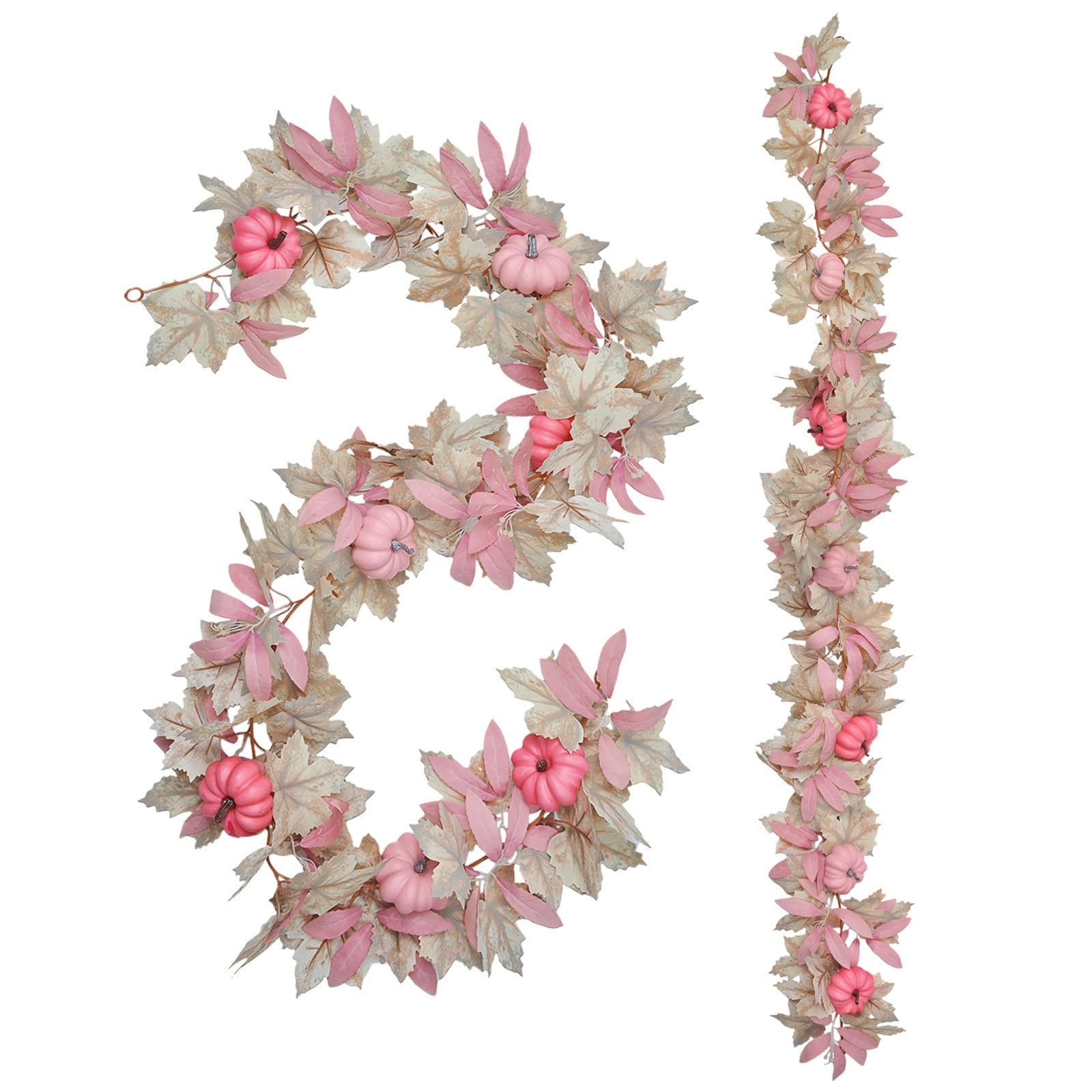 Fall Decor-67Inch Artificial Maple Leaves Garland with Pumpkins Thanksgiving Halloween Farmhouse Harvest Decorations (Pink, 170cm/66.93inch)