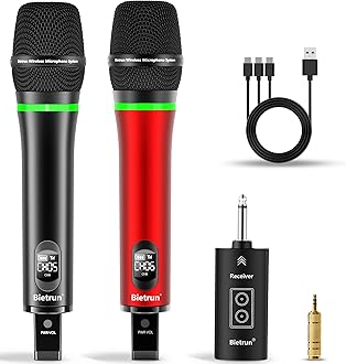 Bietrun Wireless Microphone, 240FT Rechargeable UHF Metal Dual Cordless Handheld Dynamic Mics with Bluetooth for Karaoke Machine, PA System Speaker, Mixer, Party, Church, Wedding(Red)