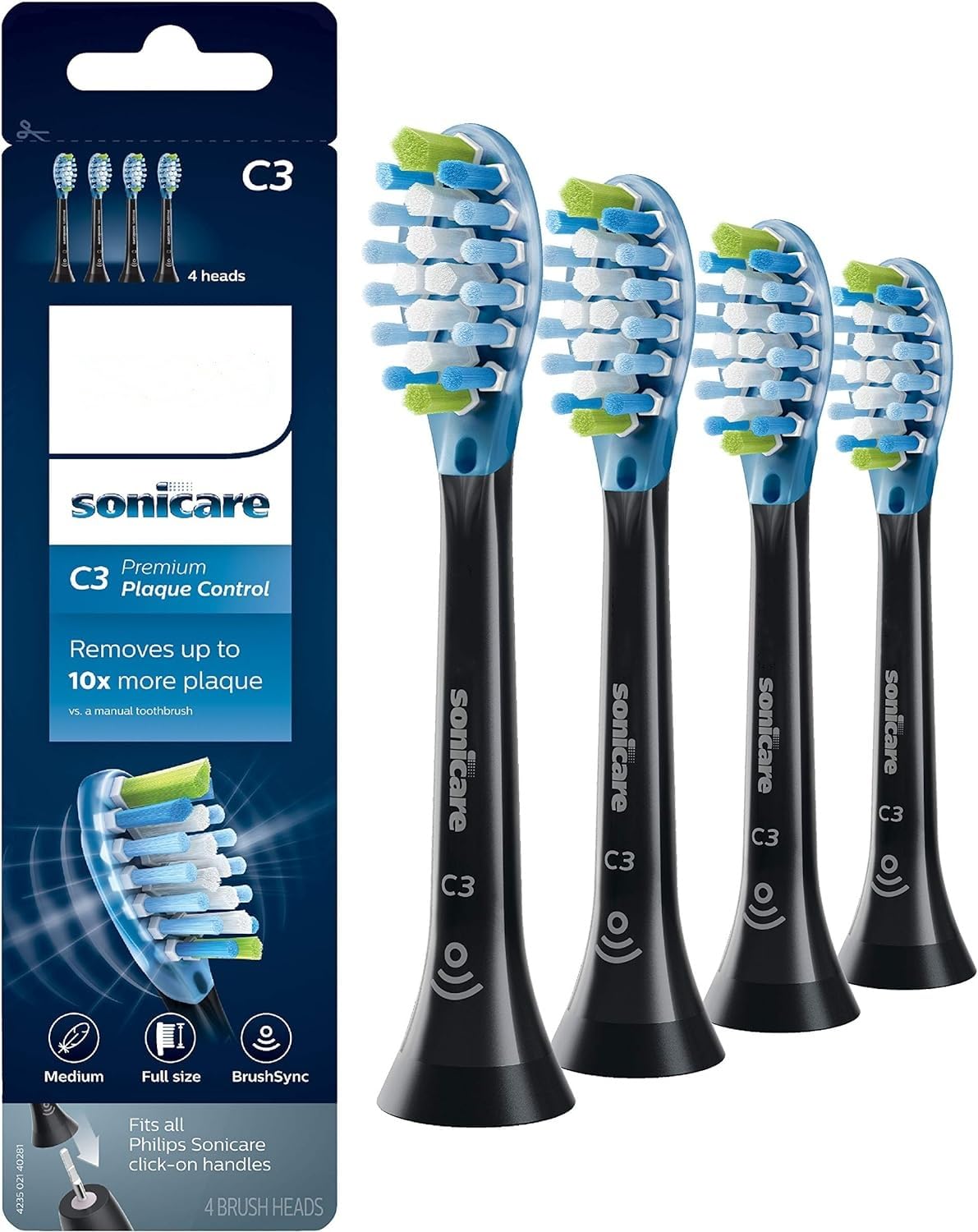 Replacement Toothbrush Heads Compatible with Philips Sonicare C3 Diamond Clean Toothbrush Heads, 4 Brush Heads, Black, HX9044/95