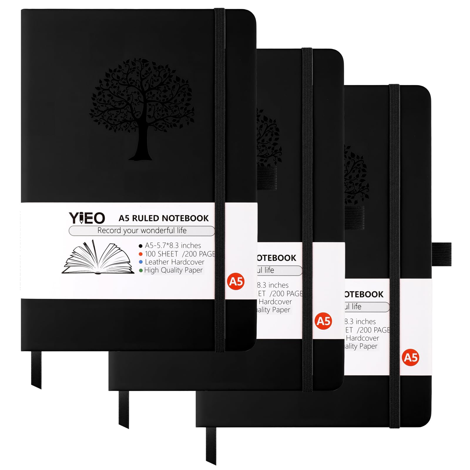 YIEO A5 Journal Notebook, 3 Pack Leather Notebook Journal for Men/Women, Hardback Note Book with 80GSM Lined Paper, No Bleed for Writing, Notepad for Office School Supplies (Black, Black, Black)